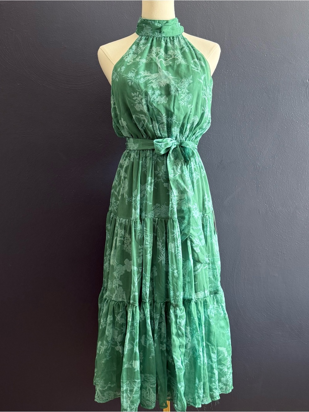 NWT Lulu's Float to You Green Floral Print Halter Tiered Midi Dress
